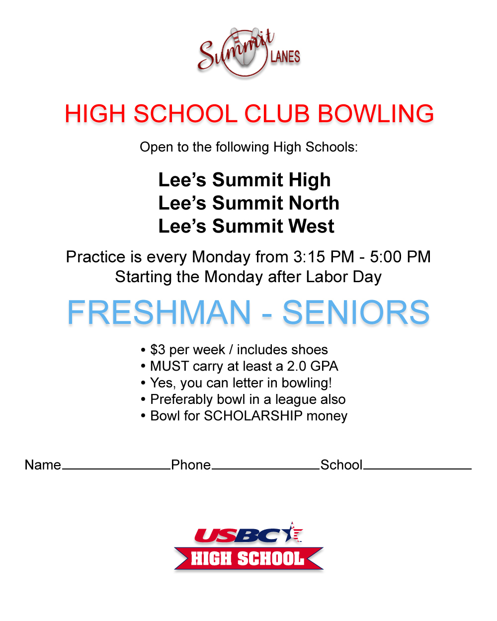 high school club bowling sign up sheet